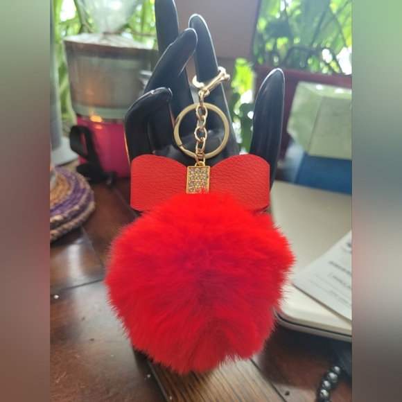 Red Pom Pom Bag Charm with Bow - Picture 3 of 4